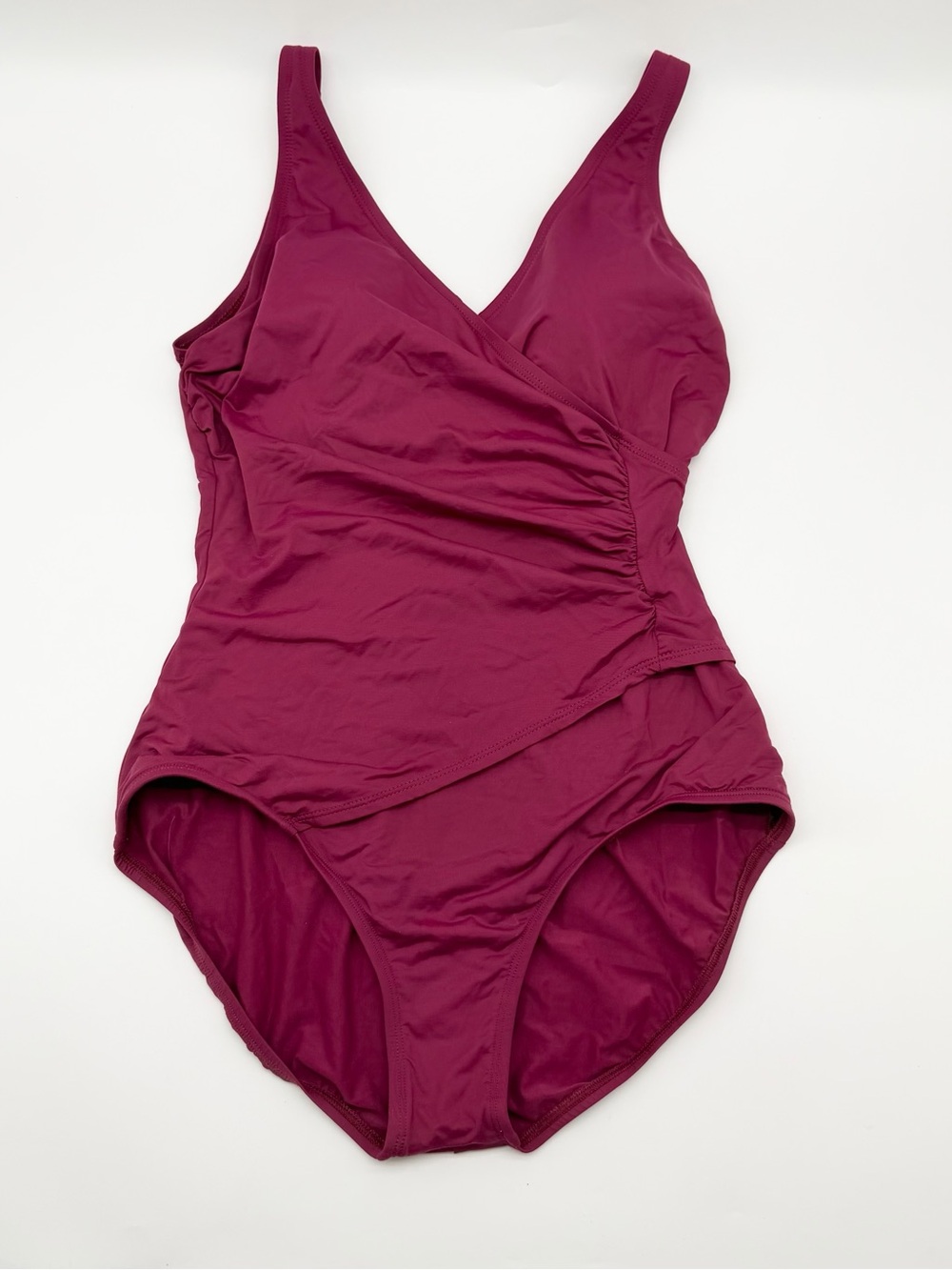 Jantzen Solid Surplice V-Neck Tummy Control Shirred One Piece Swimsuit Size 12